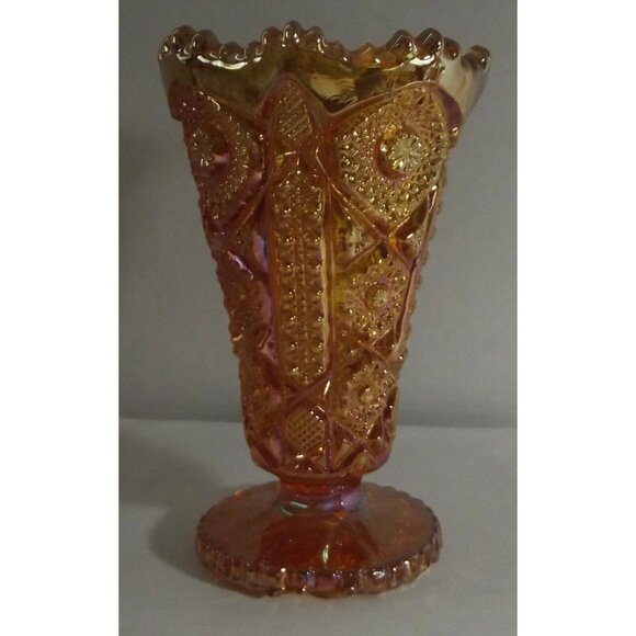 Imperial Glass Ohio Vase Footed Amber Carnival 6-1/4" Daisy and Button gold - Picture 3 of 12